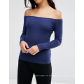 Sexy Fashion Langarm aus Schulter Frauen Baumwolle Rib Top